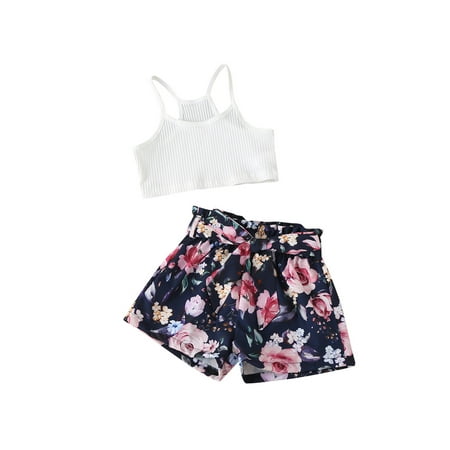 

GuliriFei Girls U-Shaped Collar Sleeveless Tops+Shorts And Waistband Casual Set