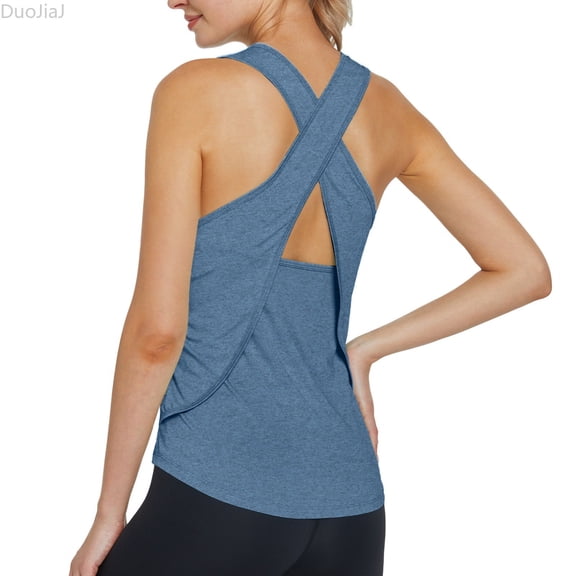 DuoJiaJ Women's Casual Round Neck Backless T Shirt Summer Fall Versatile Top For Daily Wear Sports Vacation Home Comfortable Soft Breathable Fabric Women Workout Tank Tops Blue L
