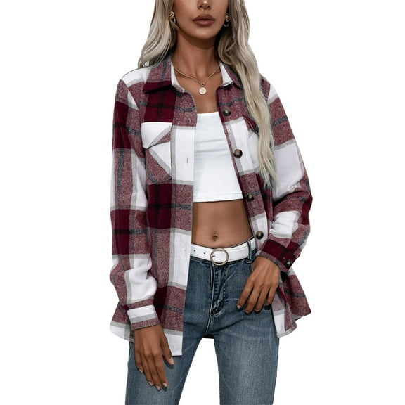Sunisery Women's Plaid Shacket Jacket Flannel Long Sleeve Shirt Lapel Button Down Loose Coat with Pockets