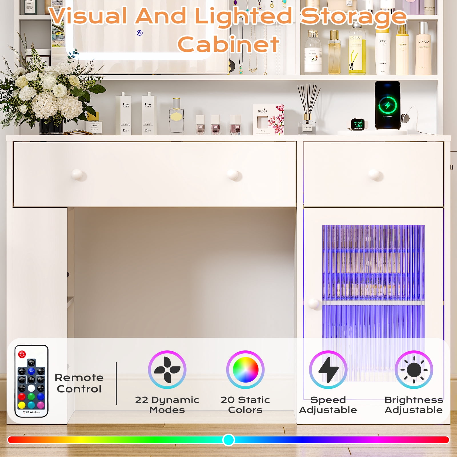 Ktaxon Makeup Vanity with Lighted Mirror,  Vanity Table Set w/ Charging Station, Side Rack, White