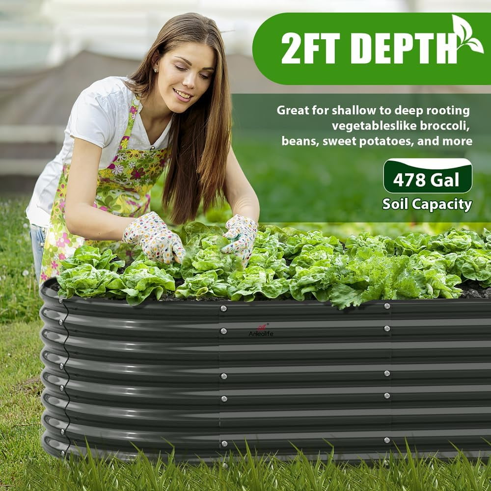 ANLEOLIFE 2 PACK 8x4x2 ft Galvanized Raised Garden Bed Kit, Oval Metal Deep Root Planters Large Bottomless, 478 Gallon Capacity, Quartz Grey