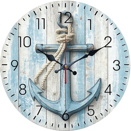 SBEMP10in Silent Wall Clock, Vintage Distressed Anchor Decorative Wall Clock, Battery Operated Non-Ticking Round Clock for Living Room Bedroom Coastal Home Decor