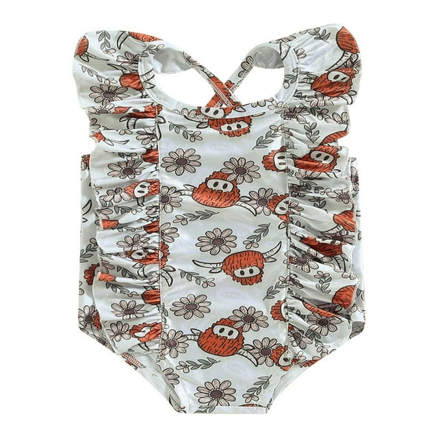 PENGXIANG Baby Girl Summer Swimsuit Sleeveless U Neck Cow Print Ruffle Bathing Suit