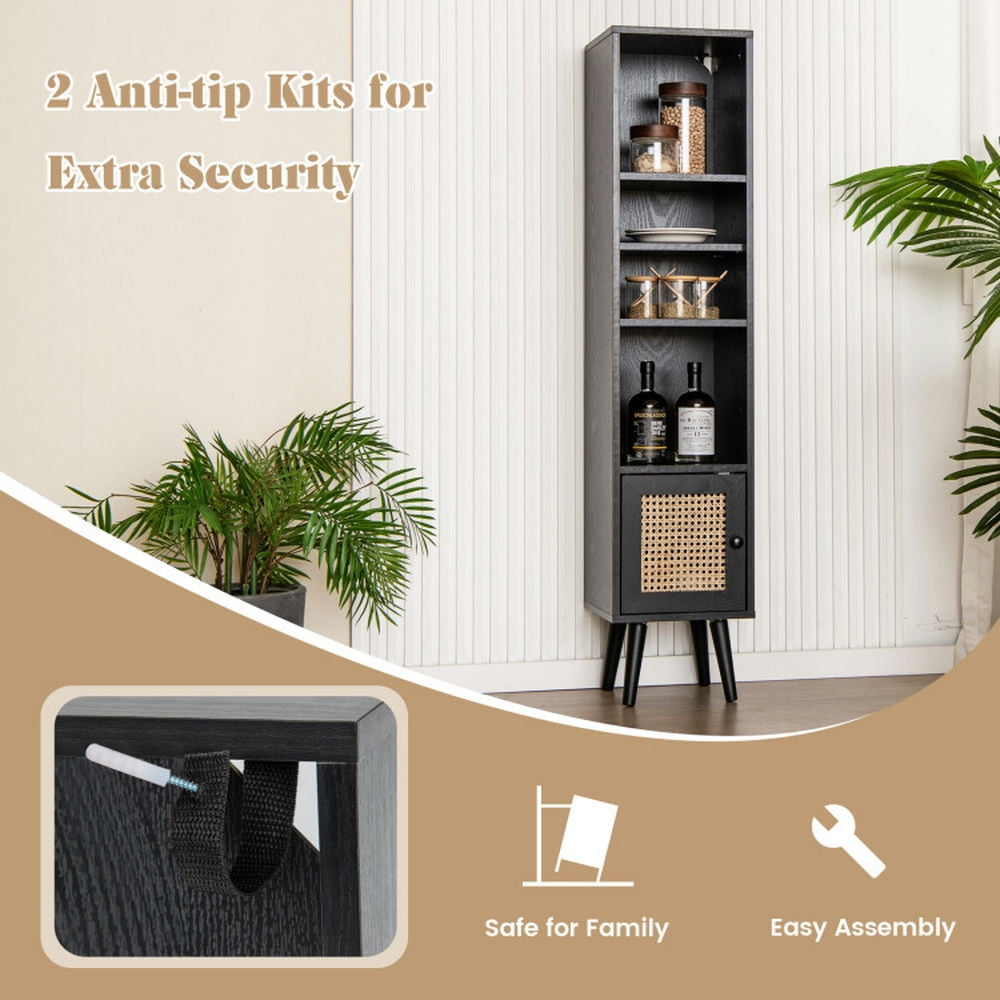 Finihen Storage Cabinet, 4 Tiers Rattan Storage Cabinet with Slim Design, for Living Room, Bedroom, Entryway, Black