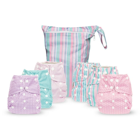 Simple Being Reusable Cloth Diapers,6 Pack Pocket Adjustable Size,Waterproof Cover,6 Inserts,Wet Bag, Double Gusset (Girl Stripe)
