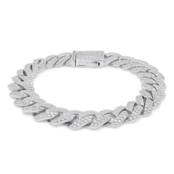 Round Cut Lab Created Moissanite Diamond 14MM Width Cuban Chain Bracelet In 14k White Gold Over Sterling Silver Jewelry For Men (G-H Color, VVS1 Clarity, 10.00 Ct) 8.5" Long
