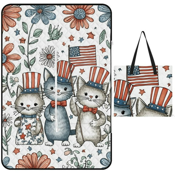 Patriotic Cats Floral Fourth July Outdoor Picnic Blanket, Foldable Waterproof Beach Mat, Portable Beach Blanket for Beach Camping, Hiking, Family Concerts