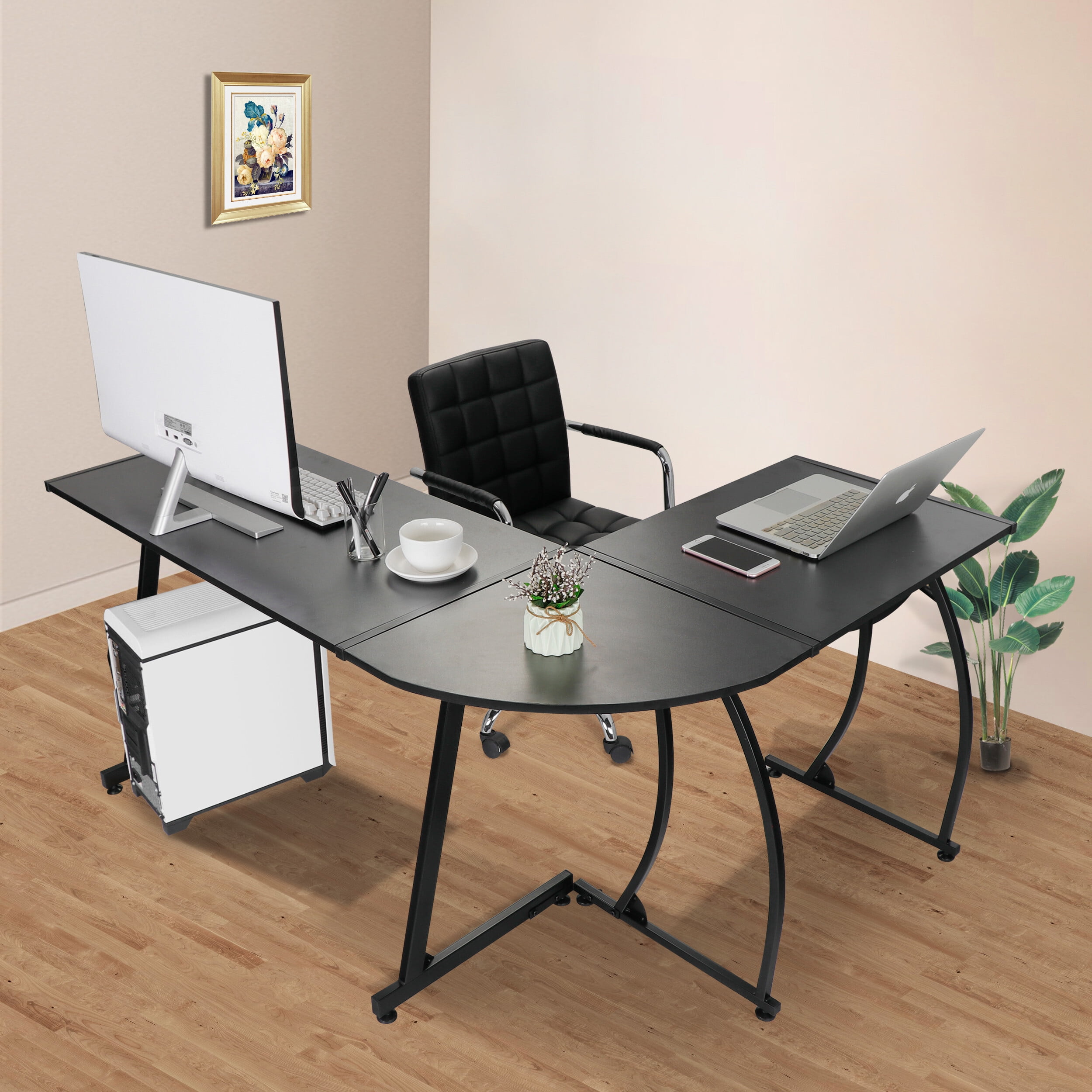SuperDeal 58" L-Shaped Computer Desk Two-Way Setup Corner Table Black Powder Coating