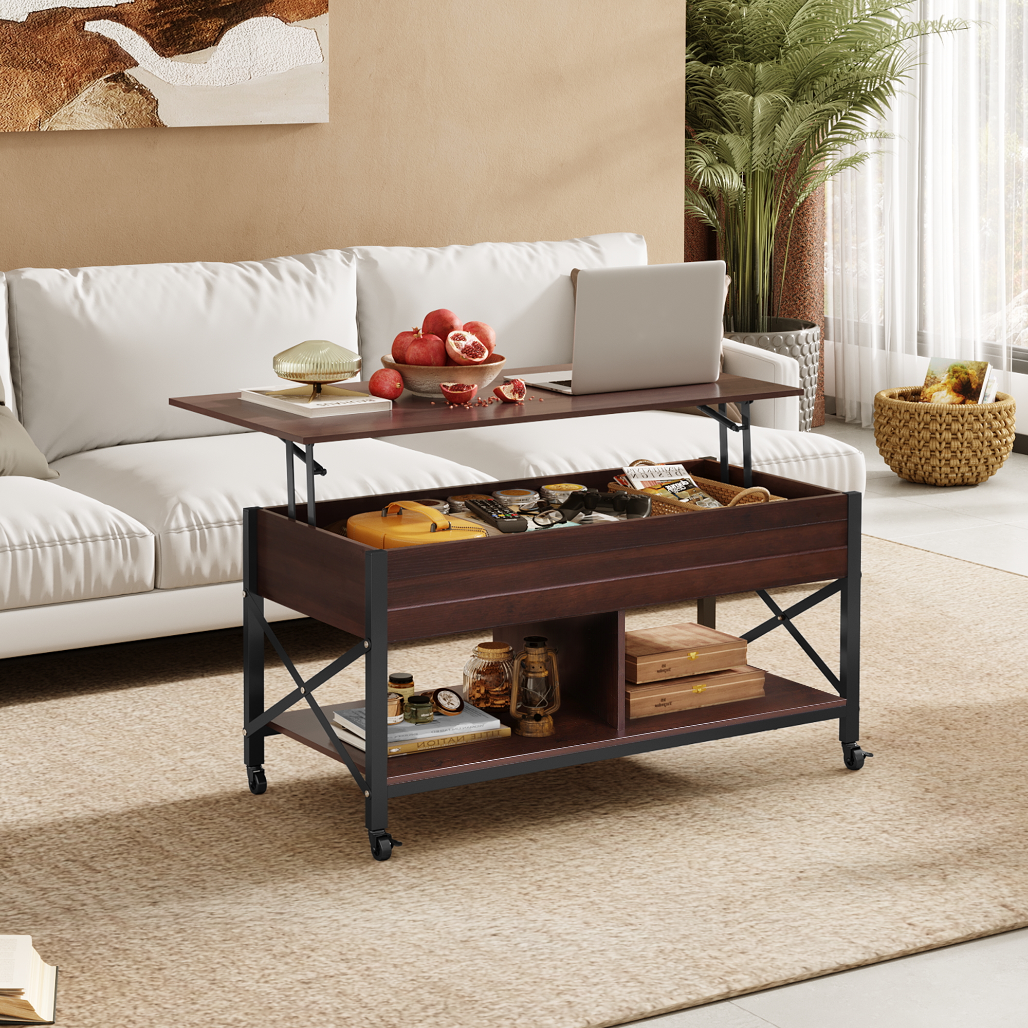 GALAXHERO Coffee Table, 41.3" Lift Top Coffee Table with 4 Wheels, Hidden Compartment, Storage Shelf and Lift Tabletop for Living Room, Reception Room, Espresso