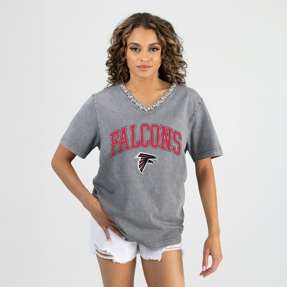 Women's Gameday Couture Gray Atlanta Falcons Relaxed Iconic Edge Rhinestone V-Neck T-Shirt
