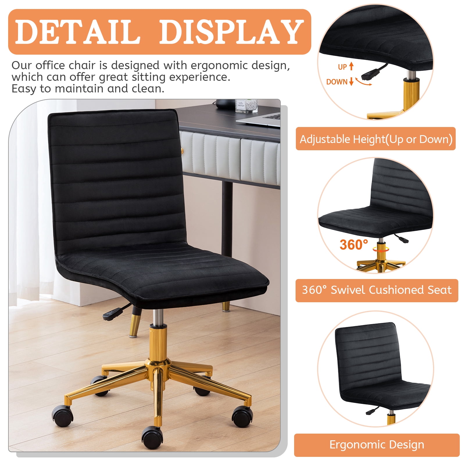 Furniliving Mid-Back Armless Desk Chair, Velvet Swivel Office Chair,Adjustable Rolling Computer Chair for Living Room, Black
