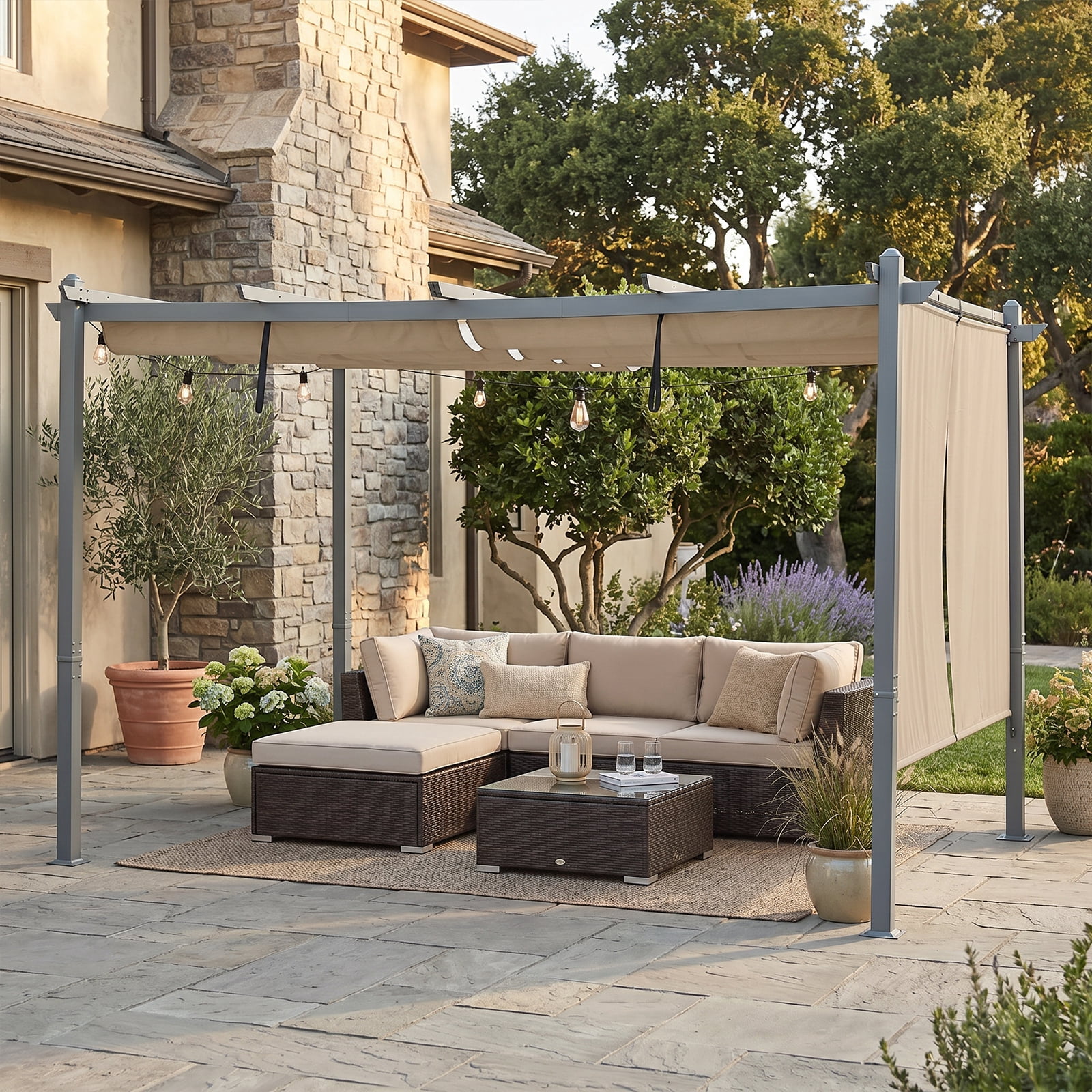 Aoodor 4.8x6 FT Aluminum Pergola Roller Shade - Cordless Gazebo Curtain, 2-Pack for Outdoor Pergola or Gazebo, Brown