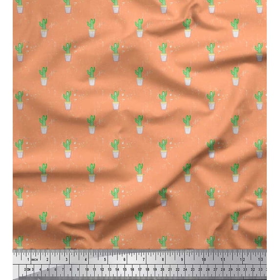 Soimoi Poly Georgette Fabric Pot & Cactus Tree Printed Craft Fabric by The Yard 42 Inch Wide