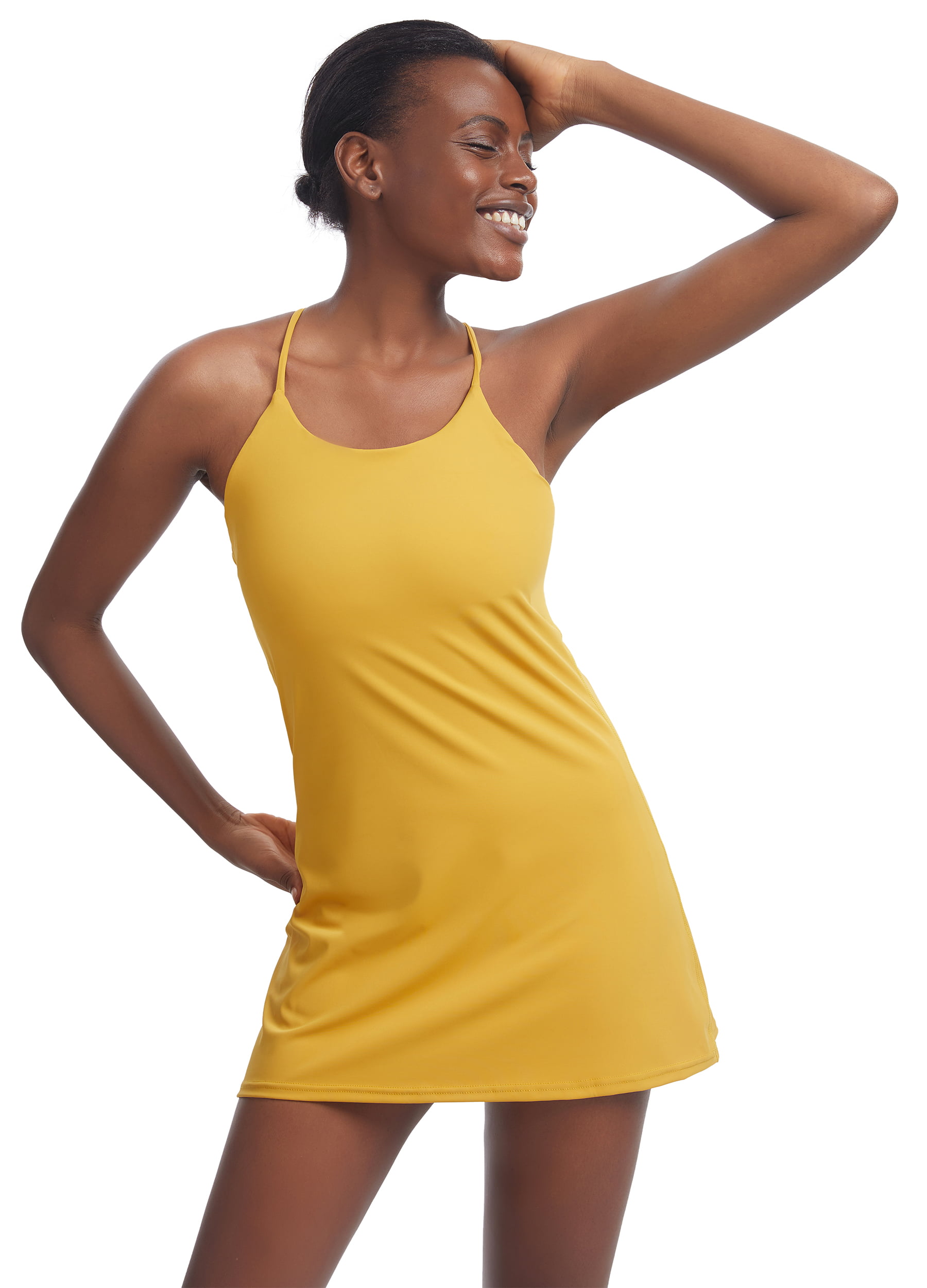 KUACUA Women's Sleeveless Workout Dress, Built-in Bra & Shorts with  Pockets, Athletic Dress for Golf Sportswear Tennis Dress Yellow 