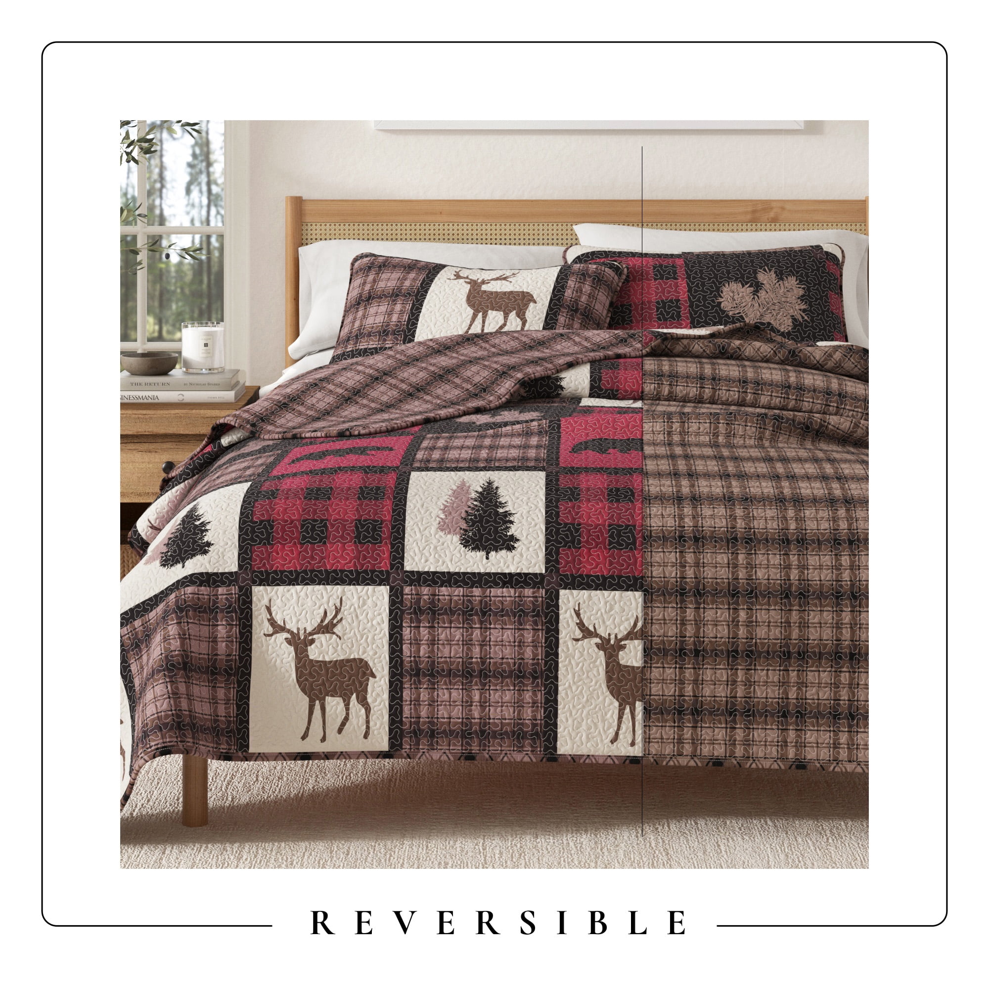 Lodge Quilt Set - Lightweight, Soft, All-Season - 3-Piece Reversible Rustic Bedding Set (Full / Queen, Red / Black)
