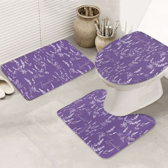 Bathroom Rugs Sets 3 Piece - Lavender Flowers Purple White Absorbent Non Slip Bath Mats, U-Shape Toilet Lid Cover, Contour Mat, Soft Washable Shower Mats Bath Rug Mat for Bathroom Tub Toilet