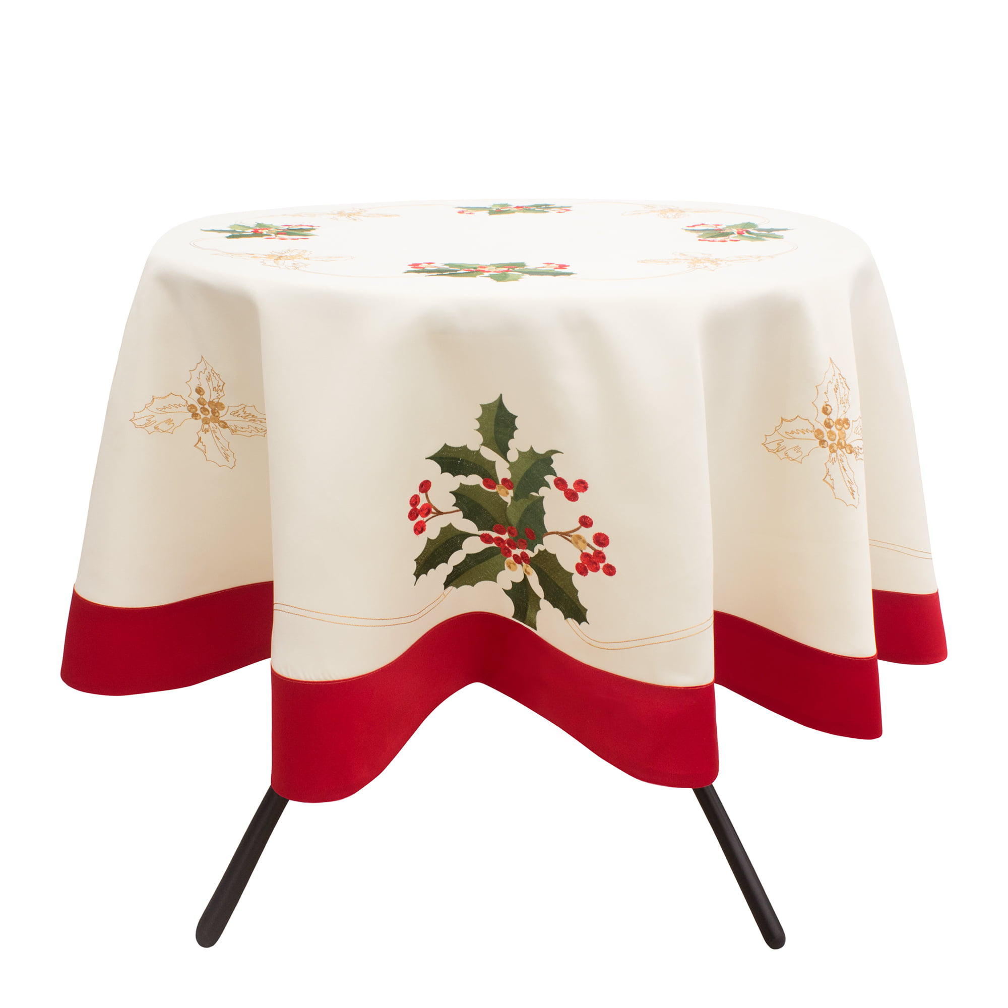 Holiday Holly Berries Embroidered Rectangular 70 x 86 in Tablecloth with Red Trim Border Creative Home Ideas YMC003569 
