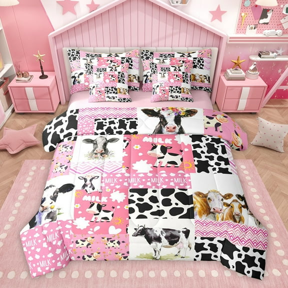 Homewish Kawaii Pink Cartoon Twin Bedding Sets 7-Piece, Cute Rustic Milk Cow Bedding Comforter Set, Princess Patchwork Reversible Sheet Sets, Microfiber Bedroom Decor