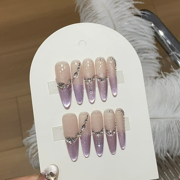 Classy French Tip Glitter Fairy Handmade Press on Nails for Women Elegant Simple French Tip Sparkle Extra Long Stiletto Purple Fake Nails