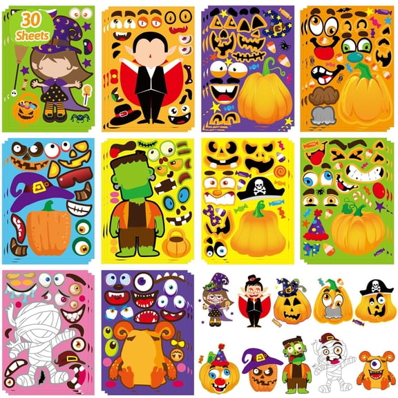 JESTAR 30 Sheet Halloween Pumpkin Craft Stickers - DIY Make Your Own Pumpkin Face Party Game Stickers for Kids & Toddlers - Bulk Pack for Halloween Treats & Goody Bag Fillers