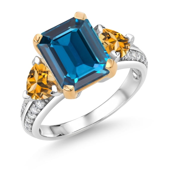 Gem Stone King 925 Sterling Silver and 10k Yellow Gold London Blue Topaz and Yellow Citrine 3 Stone Engagement Ring for Women (5.01 Cttw, Octagon Cut 10X8MM, Size 6)