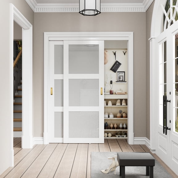 48" x 80" 3 Lite Forsted Glasses Pantry & Closet Sliding Doors With Hardware Kit