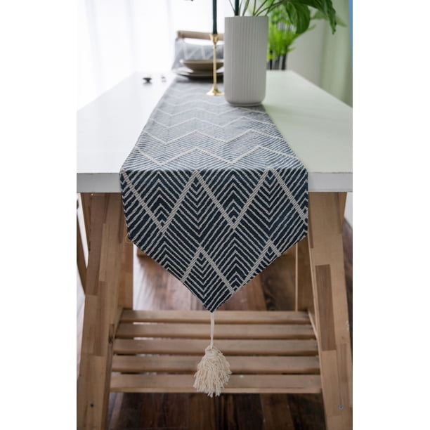 Xiao Hua Camino de mesa con borlas triangulares, diseño de ondas verdes, estilo nórdico, jacquard, geométrico, con borlas, para té, comida, tira larga, poliéster y algodón, azul, 30 x 198 cm