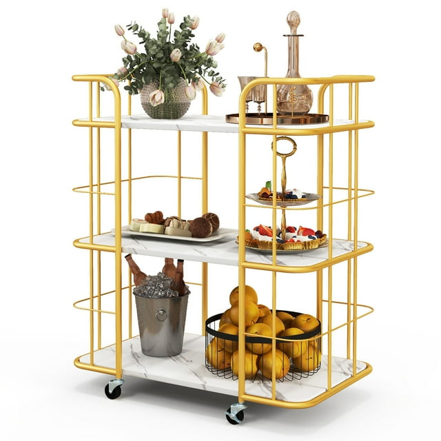 Gymax Chariot Utilitaire de Rangement de Cuisine à 3 Niveaux, Doré, à Roulettes, pour Service de Bar, avec Roulettes Verrouillables