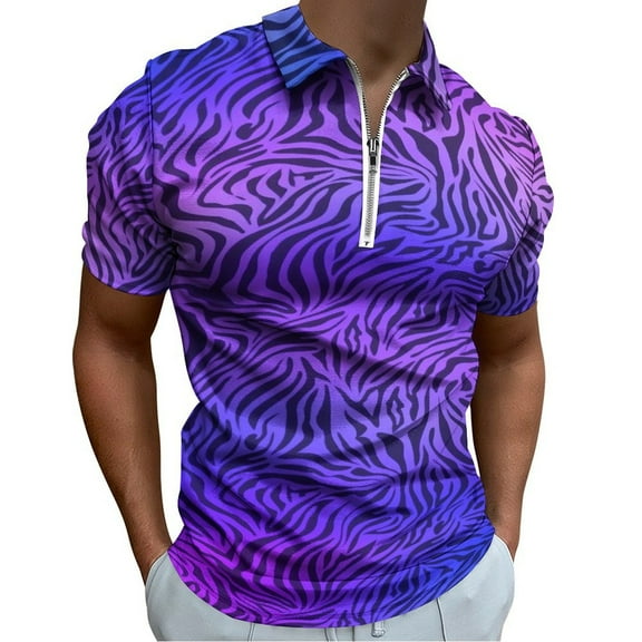 Animal Print Zebra Pink Purple Men Zipper T-shirt Summer Casual Short Sleeve T-shirt Top