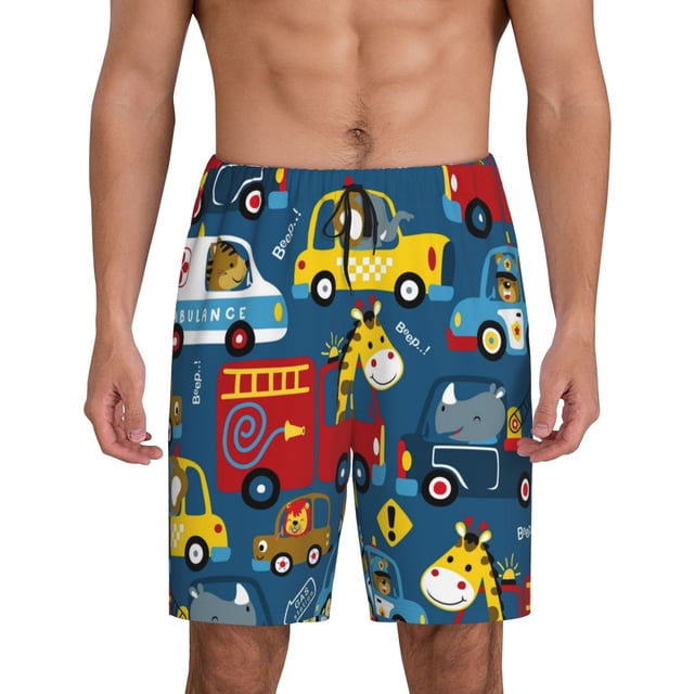 Fotbe Vehicles Cartoon with Funny Drivers Pantalones Cortos de Pijama para Hombre, Ropa de Dormir, Pantalones de Pijama Cortos para Hombre-Small