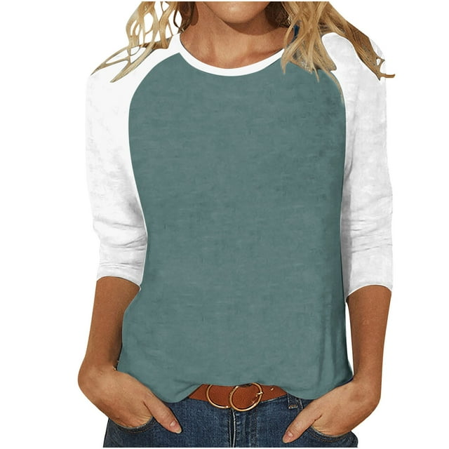 Besolor Hauts à Manches 3/4 pour Femmes Tunique à Manches Longues Col Rond Color Block Blouse Décontractée Ample Automne Printemps