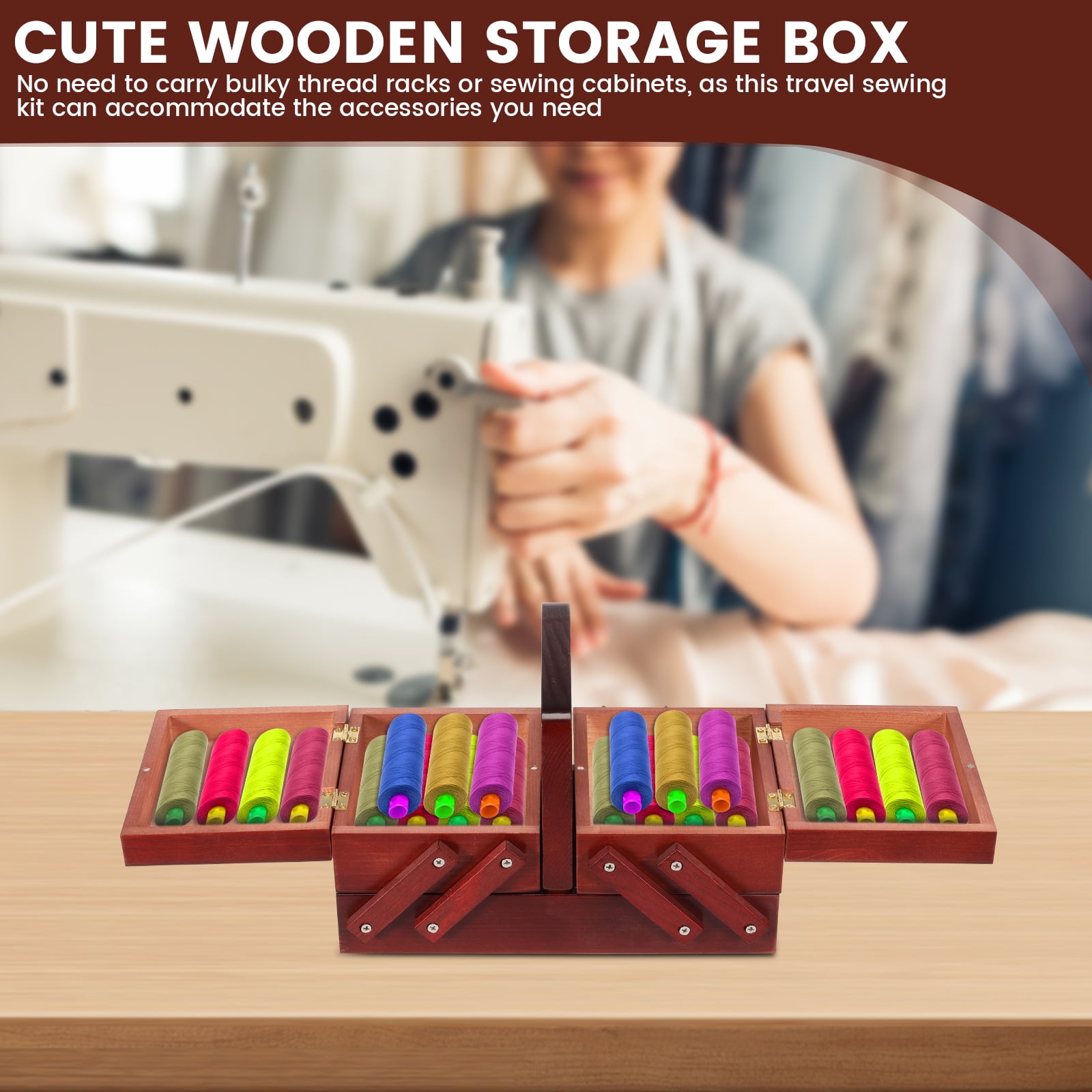 Threns Wood Sewing Basket with Handle Expandable Sewing Box Without Contents Multifunctional Craft Box for Home Travel and Emergency