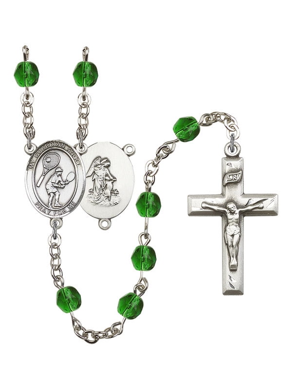 Silver Finish Guardian Angel-Tennis Rosary with 6mm Crystal Color Fire Polished Beads Guardian Angel-Tennis Center and 1 5/8 x 1 inch Crucifix Gift Boxed