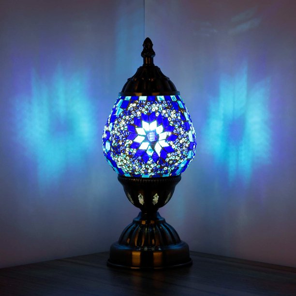 Anton Lámpara de mesa turca hecha a mano de cristal de mosaico en forma de huevo farol marroquí decorativo escritorio luz nocturna para dormitorio sala de estar con bombilla LED E12 (azul)
