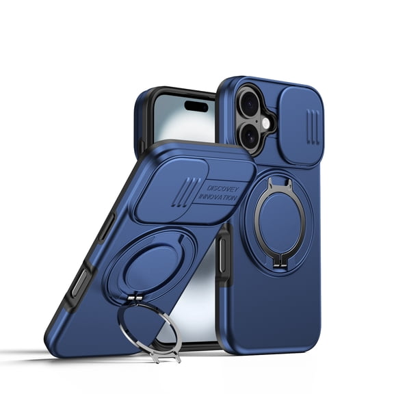 Dteck Protective Phone Case for iPhone 17,Shockproof TPU+PC Case Slide Camera Cover 360 Ring Stand Back Cover, Blue
