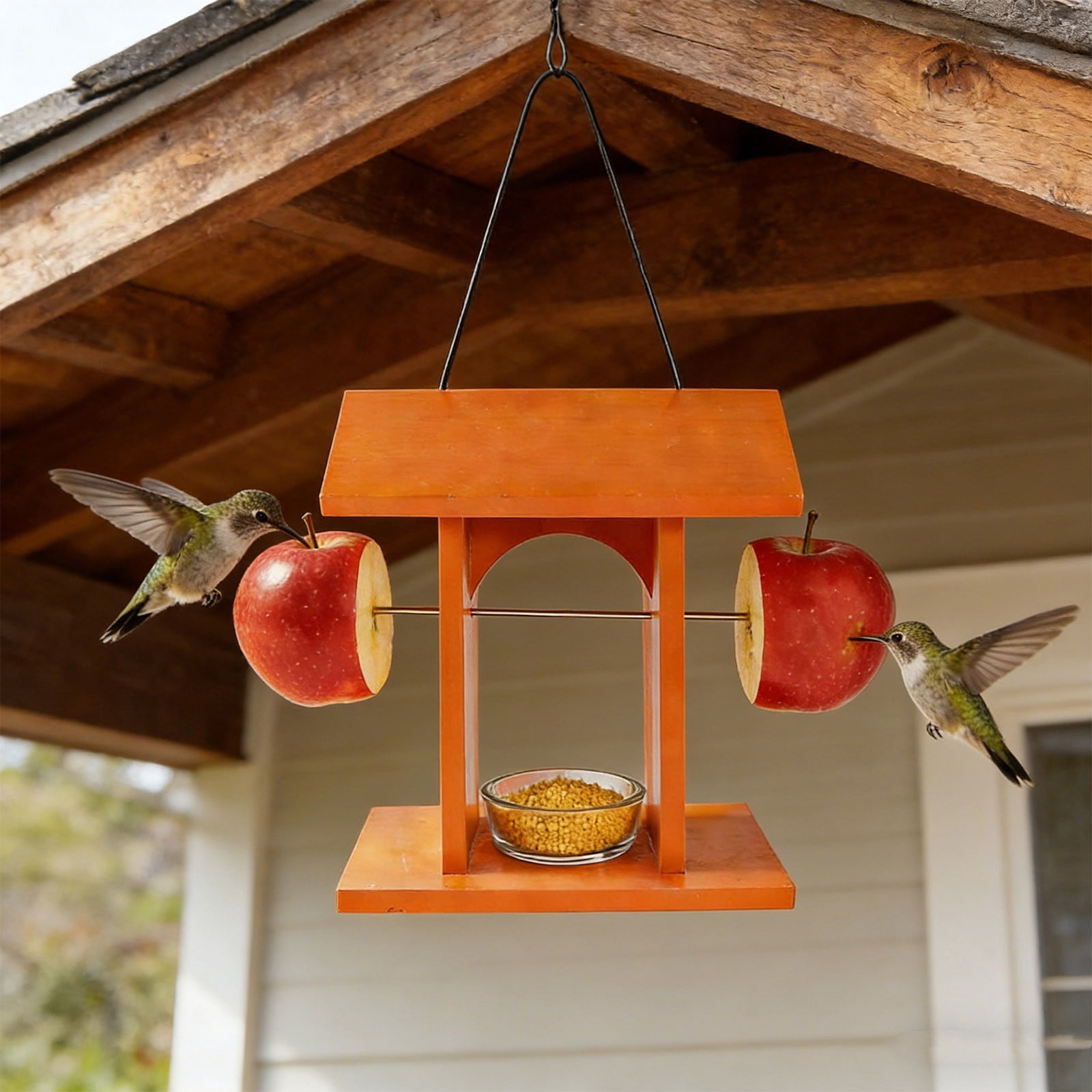 Bird Feeder & Bluebird Feeder Hanging Wooden House, Rustic Outdoor Wooden Bird Feeder for Small Songbirds, Finch & Mealworms