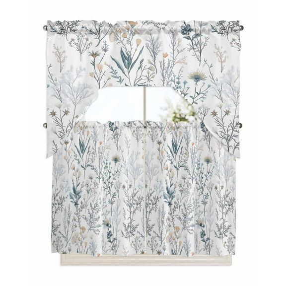 Blue Flower Kitchen Curtains Swag Valance and Tier Curtains Set 36 Inch Length, Watercolor Floral Leaves Spring Botanical Rod Pocket Drape Panels Pair Swag Curtains for Bathroom/Cafe/Window