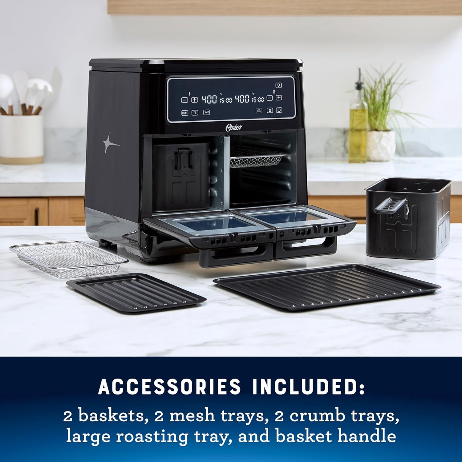 Oster 11-Quart Flex Air Fryer Oven, Dual Air Fryer with 2 Cooking Zones, with 6 Cooking Functions, Large Air Fryer with 2 Frying Baskets