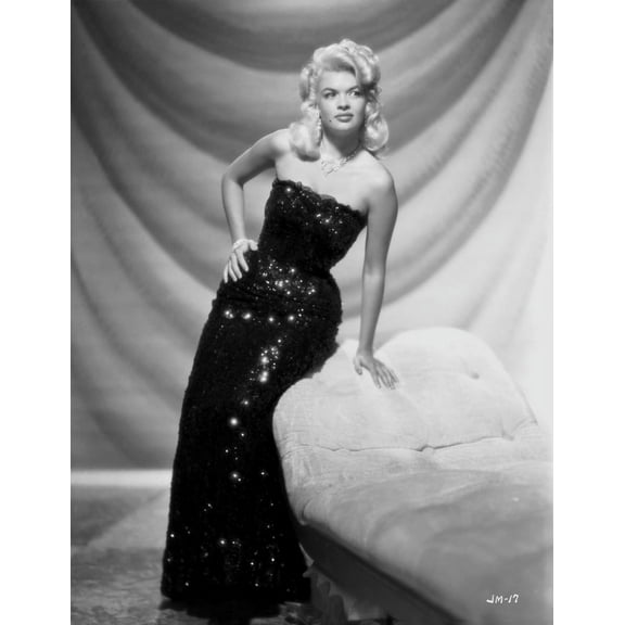 Jayne Mansfield Posed and sitting on the Couch in Black Sequin Silk Shoulder Dress with Right Hand on the Waist Photo Print (8 x 10)