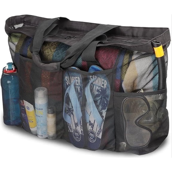GASTROPOD Extra Large Mesh Beach Bag with Zipper, 26" XL Foldable Tote with Pockets, Sturdy Swim Gear Carrier for Family Pool
