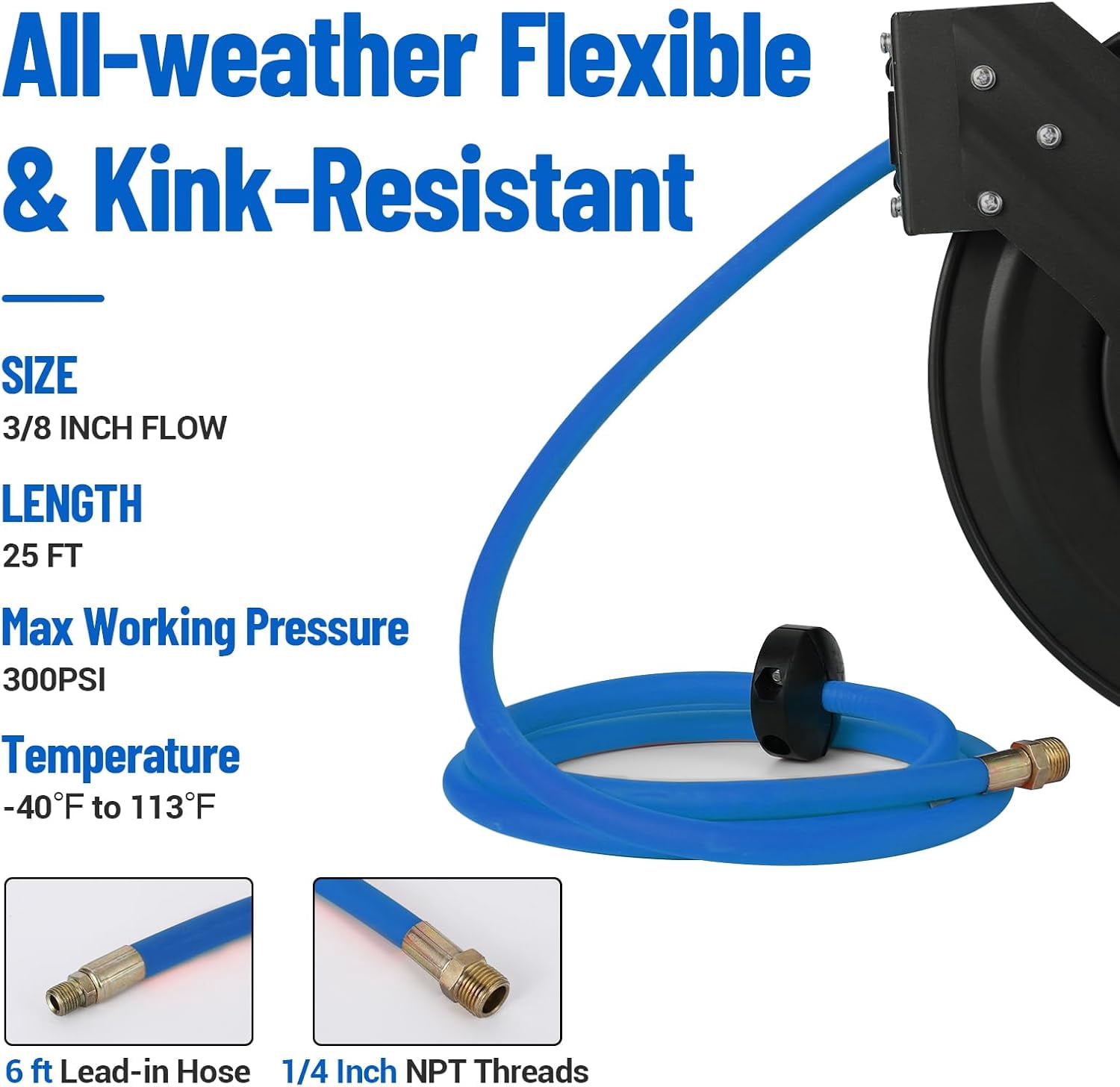 Air Hose Reel Retractable 50 Ft, Max 300PSI Air Compressor Hose Reel, Auto Rewind 3/8inch 50ft Hybrid Hose, Ceiling/Wall Mount Heavy Duty Industrial Steel Reel With Swivel Bracket