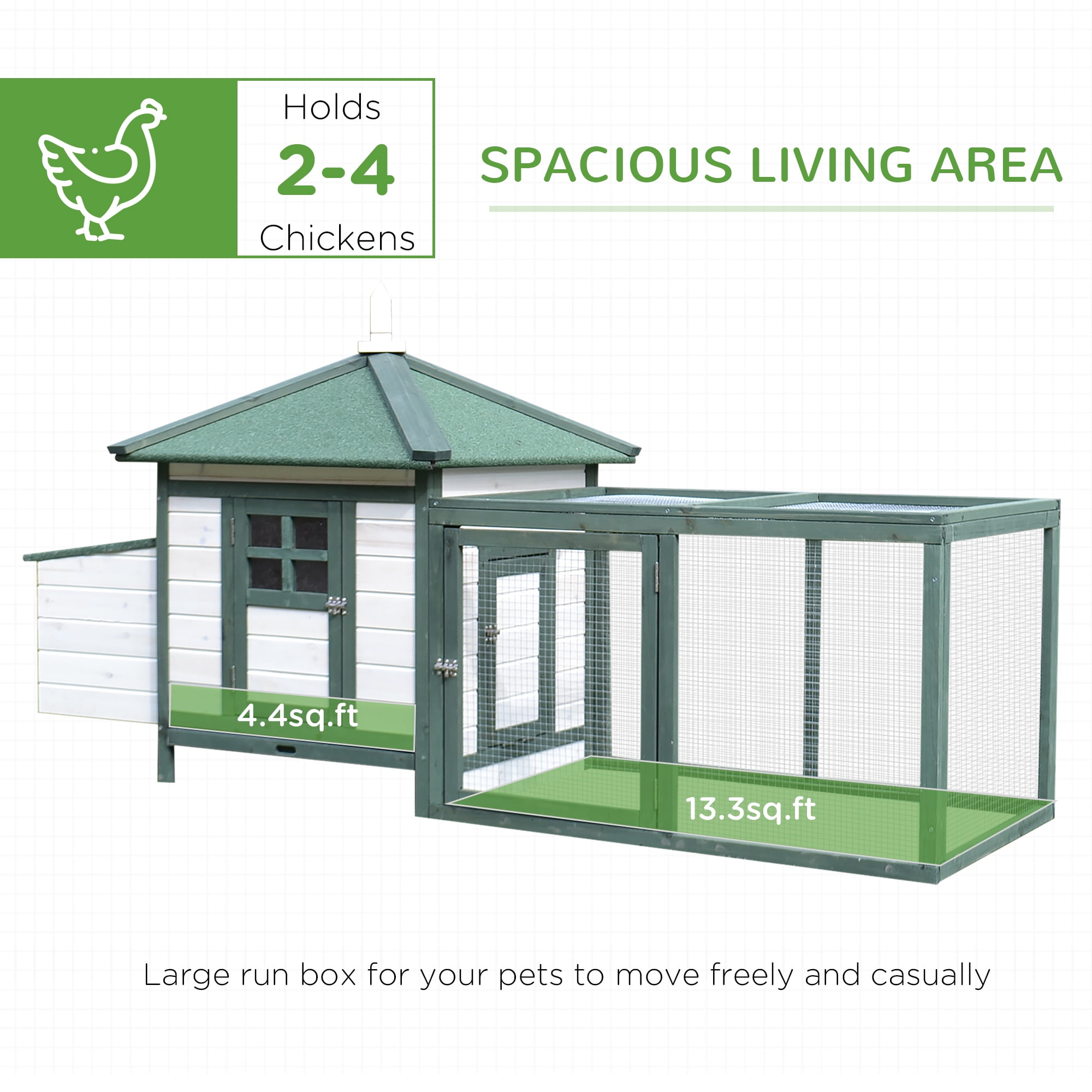 77" Wooden Chicken Coop with Nesting Box, Cute Outdoor Hen House with Removable Tray, Ramp Run, for Garden Backyard, Green