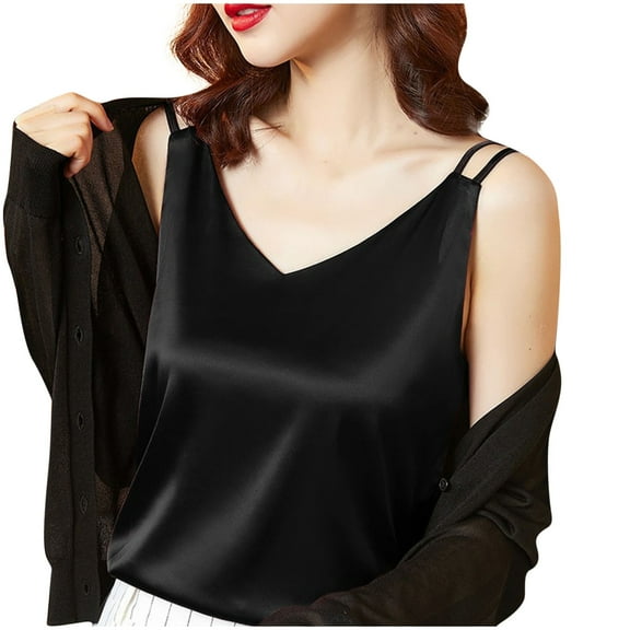 Women Blouses Fashion Women's Summer Sleeveless Solid V Neck Camisoles Tank Top Comfy Plus Size Womens Tops Black L