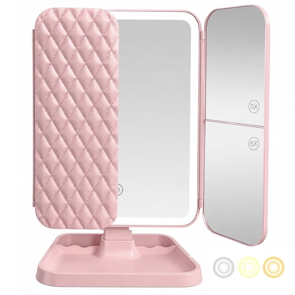 Makeup Mirror, Vanity Mirror with Lights, 1X/3X/5X Magnification, 3 Colors Modes 360°Rotation Smart Touch, Rechargeable Portable Mirror, Gifts for Mom, Women, Wife, Girls,Dorm Room Essentials,Pink