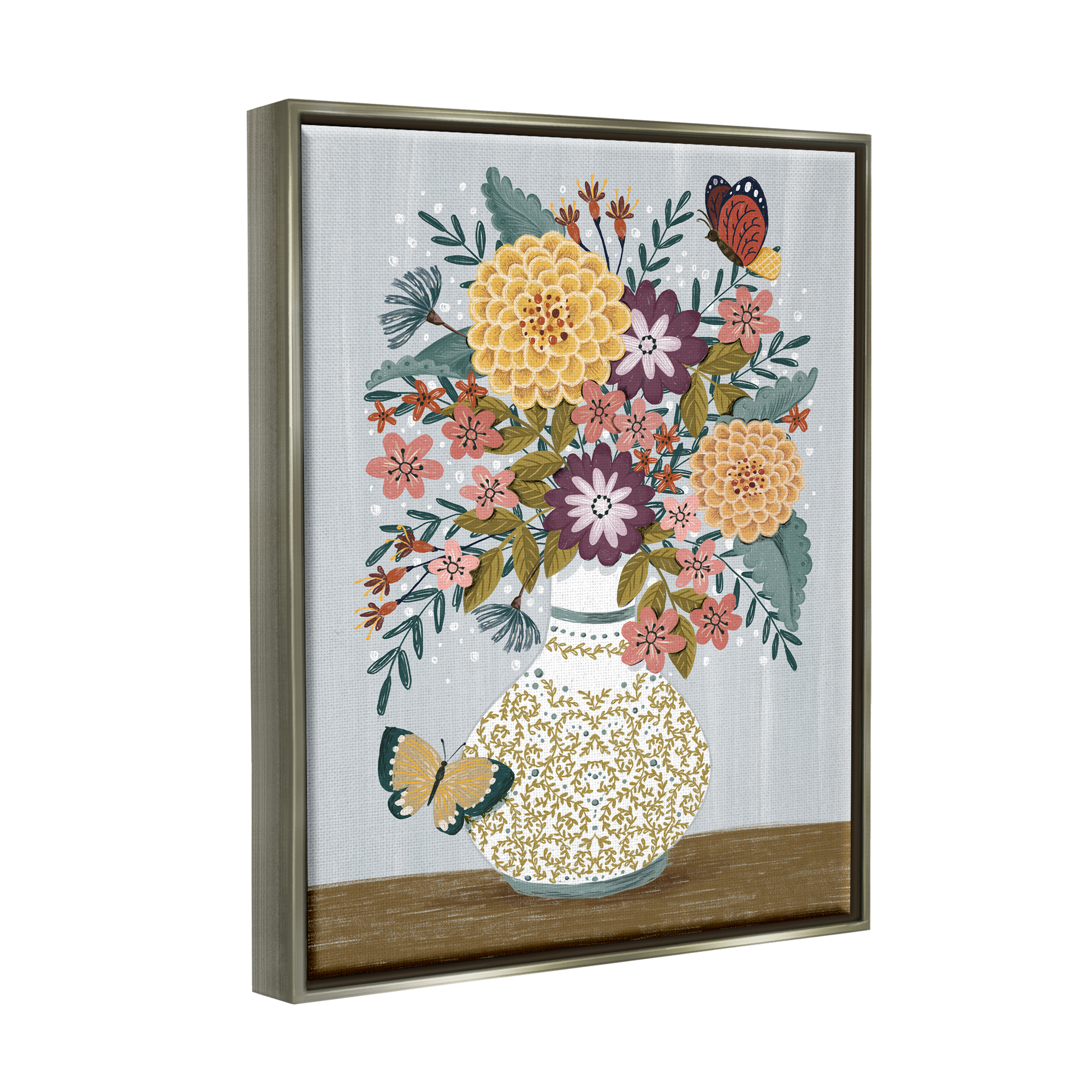 Stupell Industries Dahlia Bouquet & Butterflies Botanical & Floral Painting Gray Floater Framed Canvas Art Print Wall Art, 17 x 21