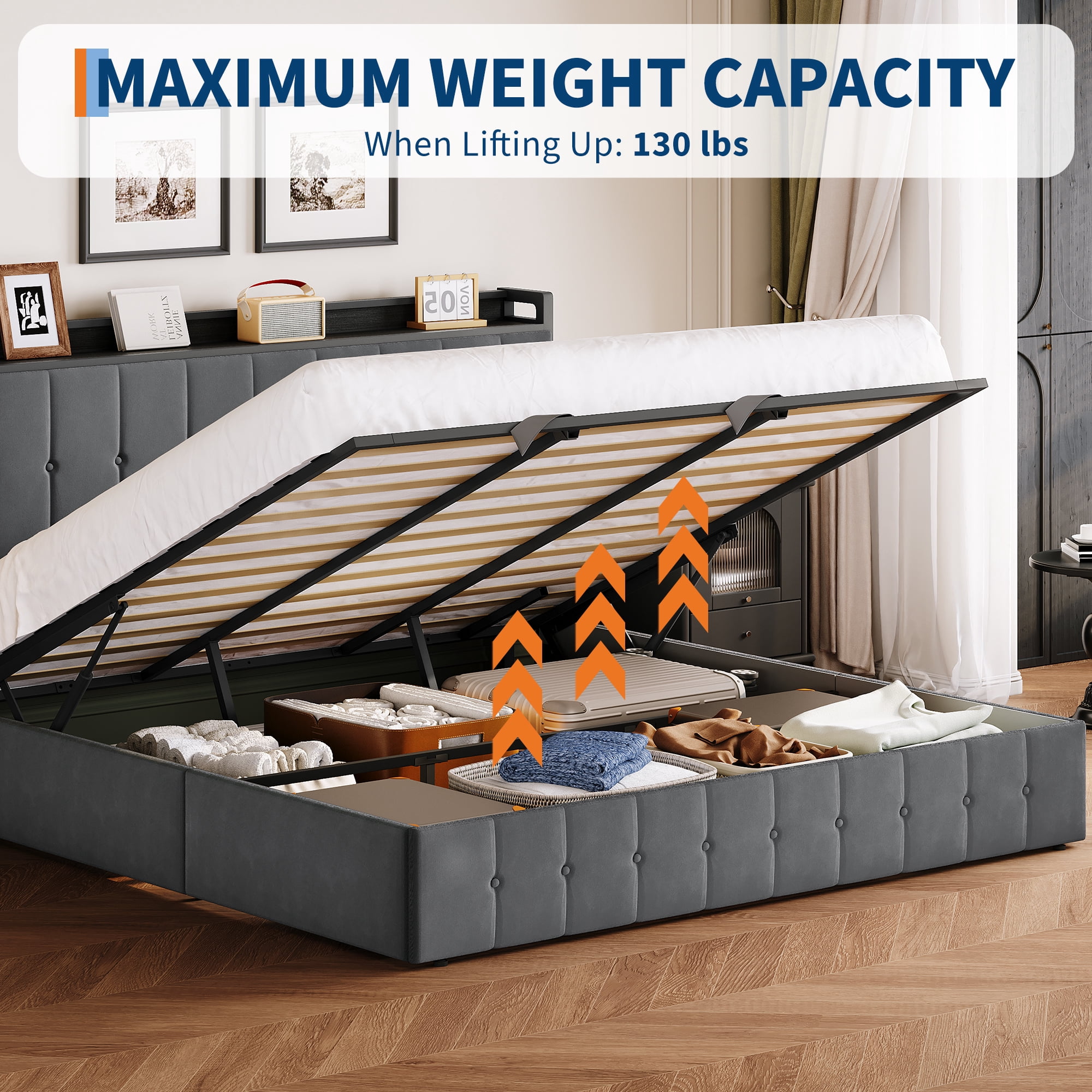 Kicctian King Size Lift-Up Storage Bed Frame, Upholstered Headboard with Hydraulic Support, Heavy-Duty Wood Slat Support, No Box Spring Required, Noise-Free, Easy Assembly, Gray