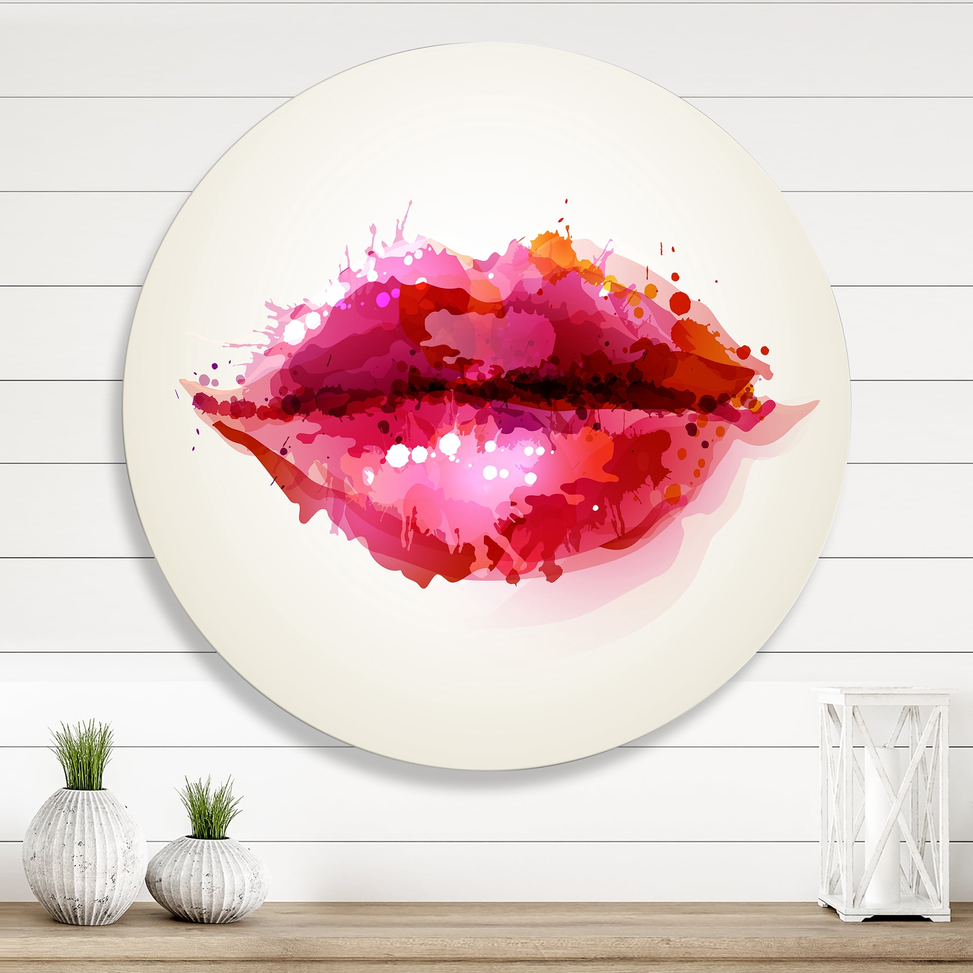Designart 'Red Girl Lips Formed By Abstract Blots' Modern Circle Metal Wall Art 11x11 - Disc of 11