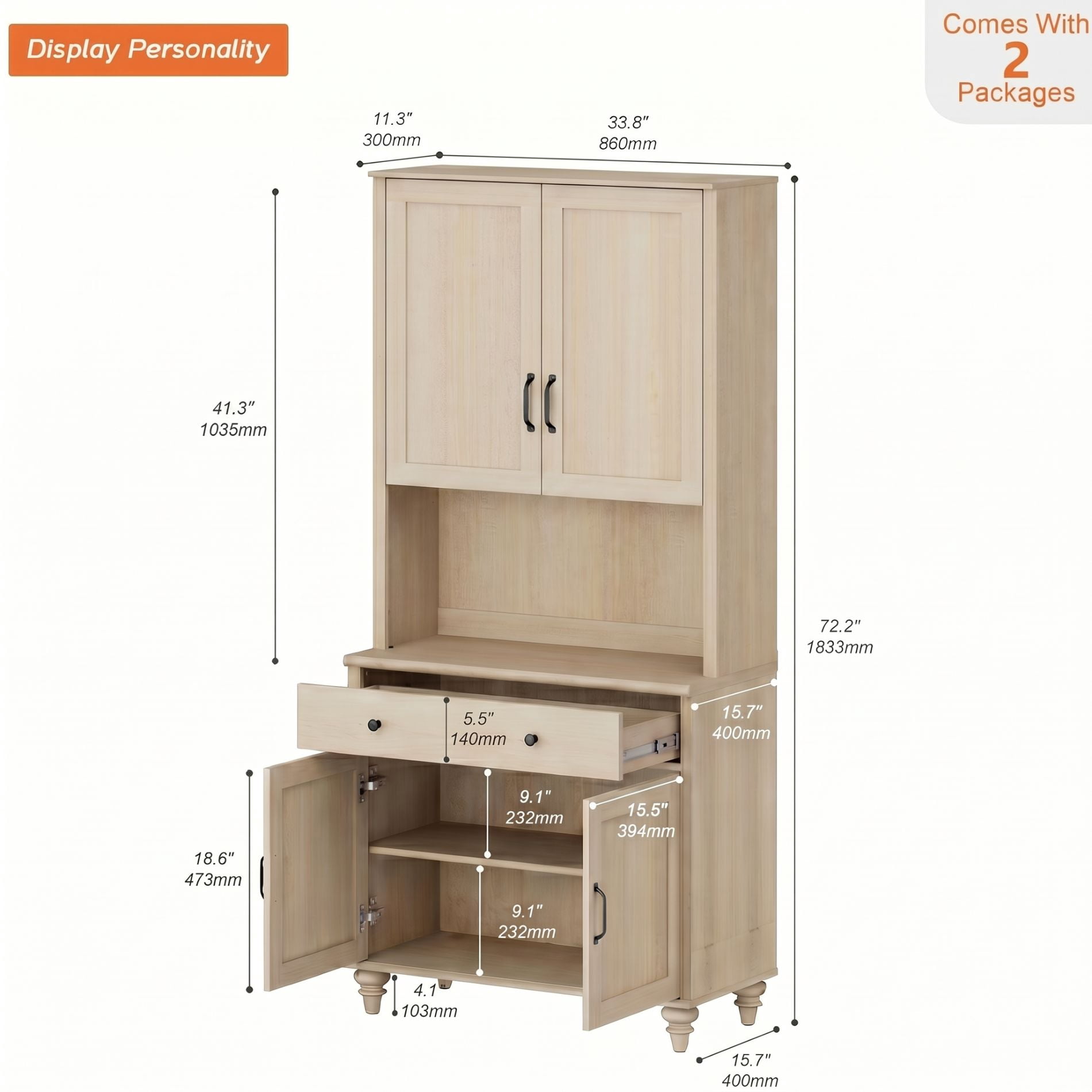 72"H × 34"W Farmhouse Wooden Library Bookcase with Spacious Storage Cabinet, Freestanding Bookshelf for Living Room, Office & Study Room, Beige