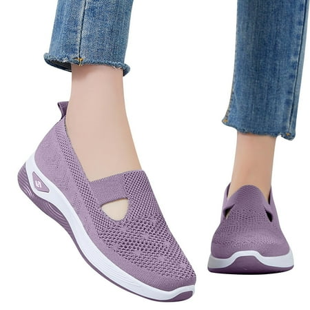 Womens Shoes Knit Dress Shoes Round Toe Slip On Walking Flats Shoes for Woman Low Wedge Comfort Soft Shoes Purple 7