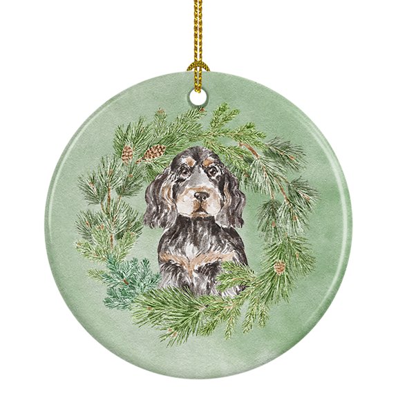 Cocker Spaniel Black Tan Christmas Wreath Ceramic Ornament 2.8 in x 2.8 in